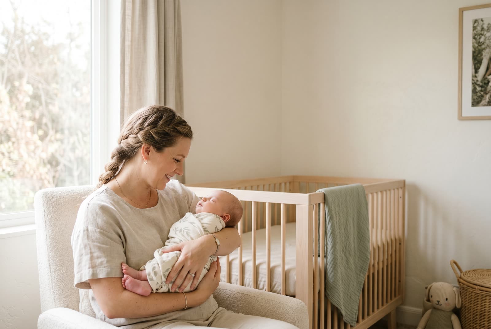 A parent holding their baby in a calm, sunlit nursery
