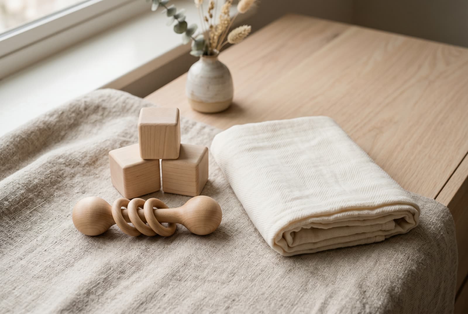 American-made wooden baby toys arranged on soft oatmeal linen